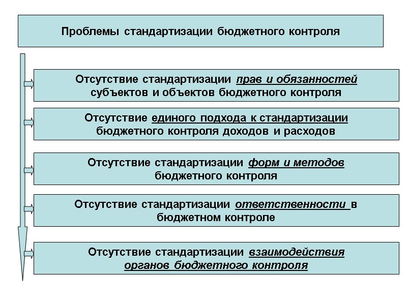Проблемы стандартизации бюджетного контроля Отсутствие стандартизации прав и обязанностей субъектов и объектов бюджетного контроля